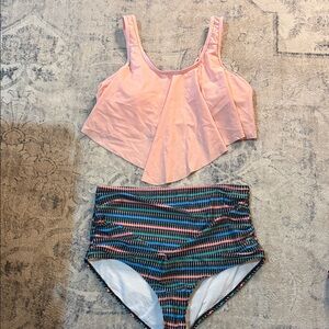 Pink Crop Top and Striped High-Waisted Swim Set